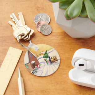 Porte-clés Arbre de Noël vintage sur une route enneigée d'hiv
