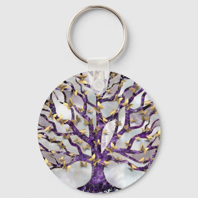 Porte-clés Arbre de vie - Améthyste et papillons (Recto)