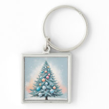 Arbre pin vert & flocons de neige | Corail orange