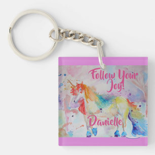Porte-clés Arc-en-ciel Unicorne Aquarelle rose anneau de clé