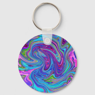 Porte-clés Art Abstrait Rétro Groovy Bleu, Rose et Violet