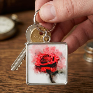 Porte-clés Art aquarelle d'une rose rouge sur fond blanc