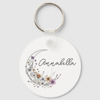 Porte-clés Art céleste personnalisé Croissant de Lune Floral