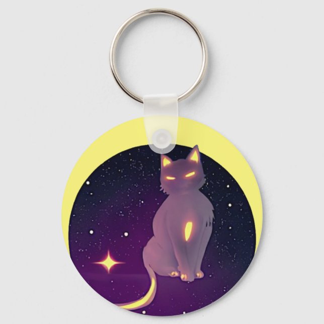 Porte-clés Art Cute Moon Chat Silhouette Étoiles Ciel de nuit (Recto)