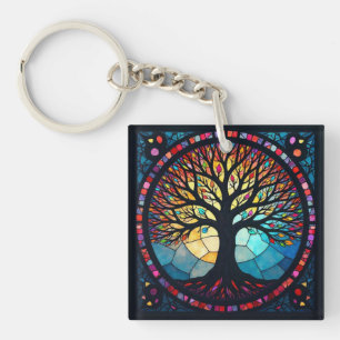 Porte-clés Art de verre coloré, arbre de vie en verre coloré