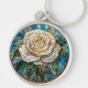 Porte-clés Art de vitrail détaillé de la belle rose blanche
