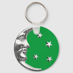 Porte-clés Art Déco Lune et Etoiles - Jade Green et Argent