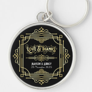Porte-clés Art Déco Mariage Amour & Merci Gold Black Faveur