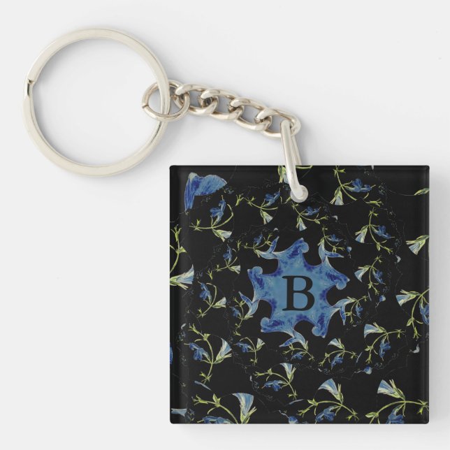 Porte-clés Art fractal Sage bleu et noir Monogramme (Devant)