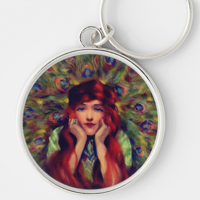 Porte-clés Art nouveau déco élégante femme paon plumes (Devant)