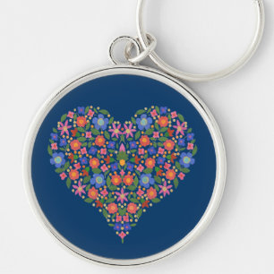 Porte-clés Art populaire Style Floral Coeur Bleu Porte - clé 