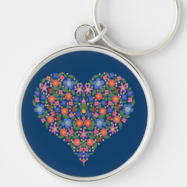 Porte-clés Art populaire Style Floral Coeur Bleu Porte - clé  (Devant)