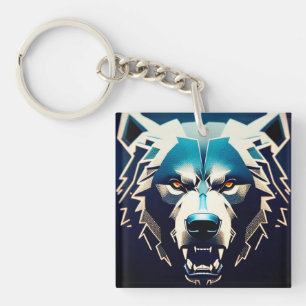 Porte-clés Art stylisé d'ours féroce avec reflets néon abstra