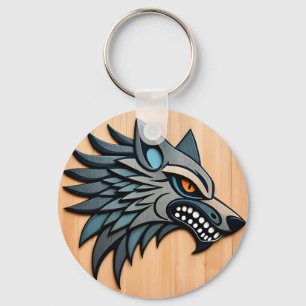 Porte-clés Art tribal stylisé de loup aux yeux orange