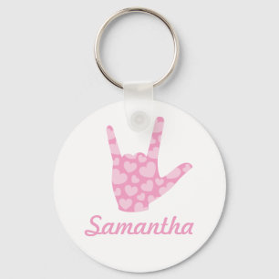 Porte-clés ASL I Love You Sign Pink Hearts Girl's Name Large