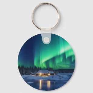 Porte-clés Aurora borealis au-dessus du cabine d'hiver