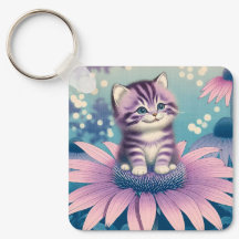 Porte-clés avec un chaton dans une fleur violette