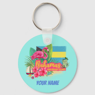 Porte-clés Bahamas rétro caraïbes île flamingo vintage