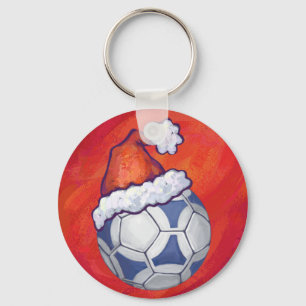 Porte-clés Bal de soccer bleu et blanc sur rouge