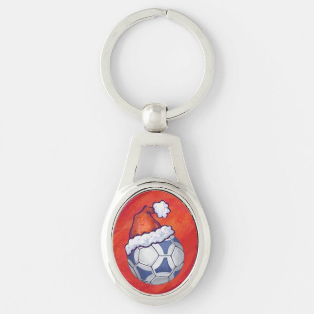 Porte-clés Bal de soccer bleu et blanc sur rouge (Devant)