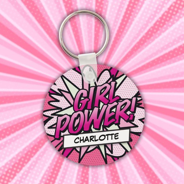 Porte-clés Bande dessinée rose GIRL POWER personnalisée (Personalized GIRL POWER Comic Book Pink Keychain)