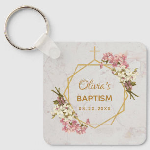 Porte-clés Baptême Fille Floral Marbre Rose Orchidées