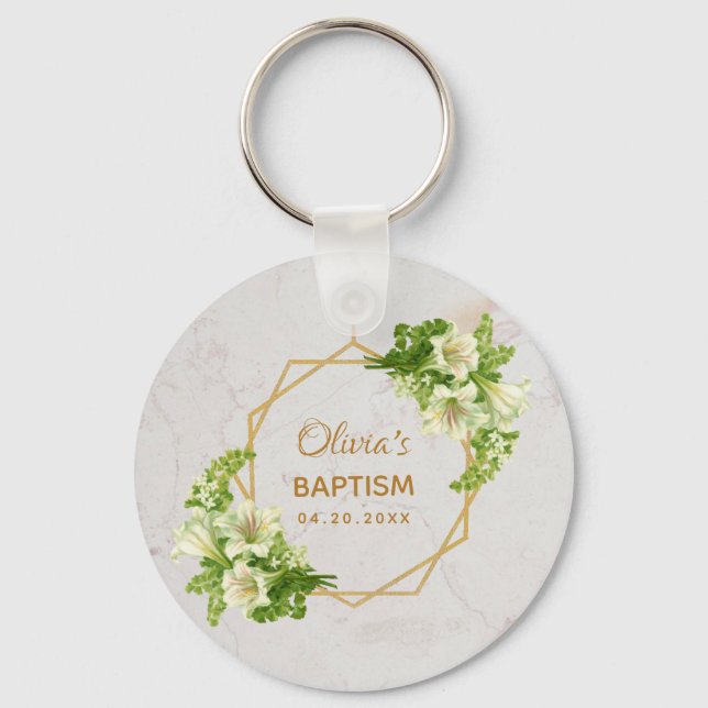 Porte-clés Baptême Floral Géométrique Blanc Lys Marbre Or (Recto)