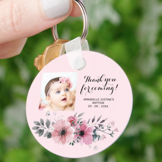 Porte-clés Baptême MERCI photo pour venir! Élégant floral (Créateur téléchargé)