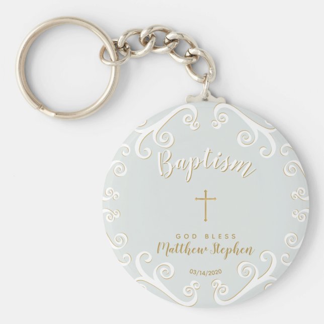 Porte-clés Baptême se répand en poudre bleu et or (Devant)