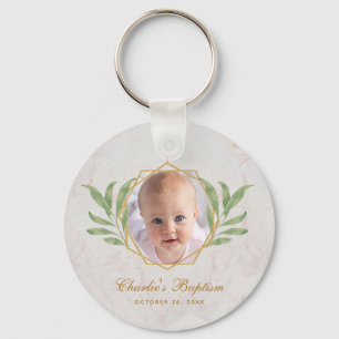 Porte-clés Baptism Greenery Photo Botanical Geometric Marble 
