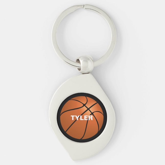 Porte-clés Basket-ball sur Arrière - plan noir, Nom blanc (Devant)
