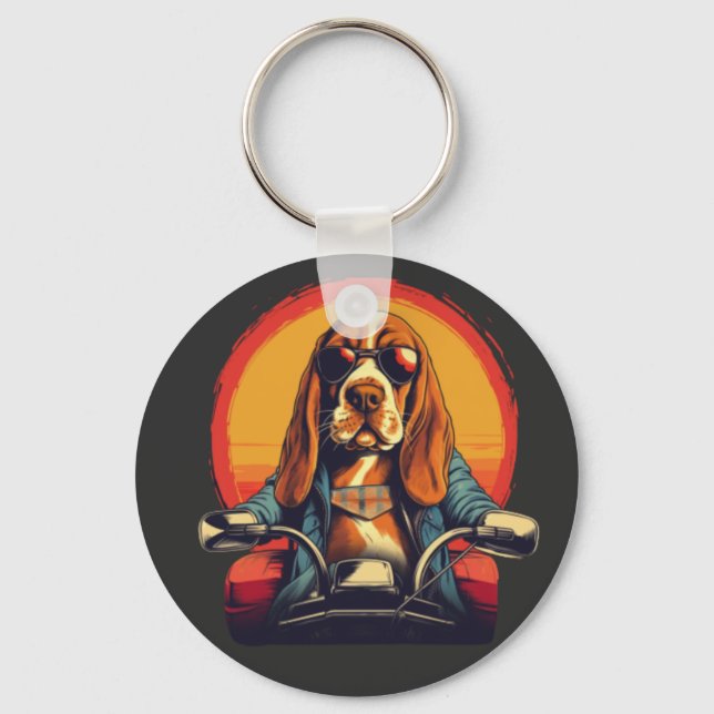 Porte-clés basset cool hound biker au coucher du soleil (Recto)