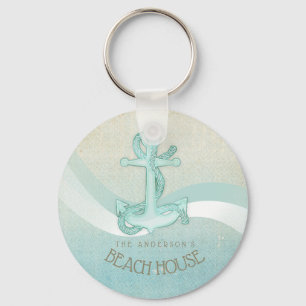 Porte-clés Beach House Ancre nautique et corde Aqua ID623