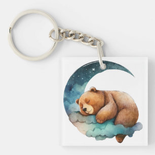 Porte-clés Bear en peluche mignonne dormant sur la lune du cr