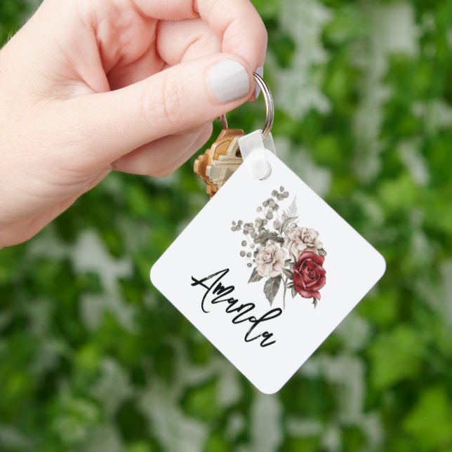 Porte-clés Beau bouquet floral blanc cassé et rouge roses (main)
