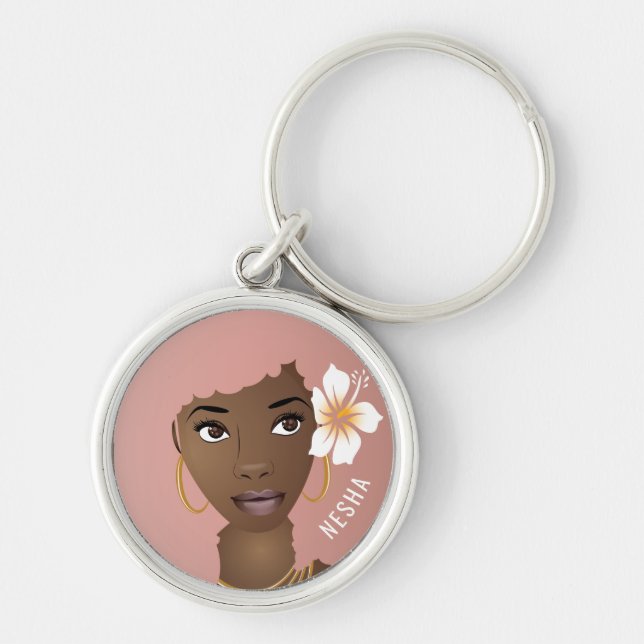 Porte-clés Beauté naturelle, Afro rose, Fleur dans les cheveu (Devant)