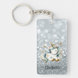 Porte-clés bébé licorne paillettes argentées Bokeh