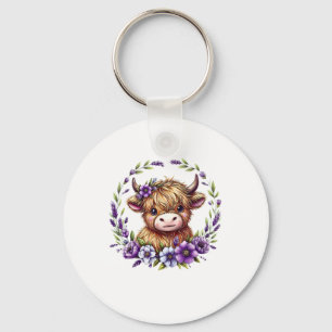 Porte-clés Bébé Vache Highland Avec Fleurs Violettes Ecosse F
