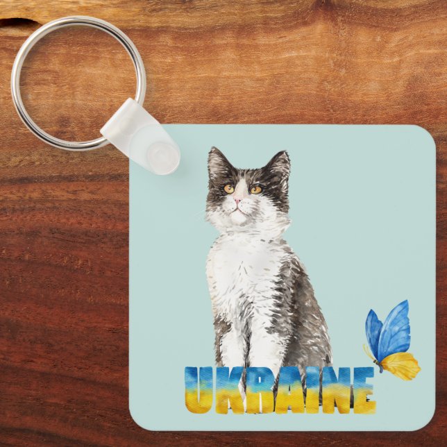 Porte-clés Belle aquarelle Ukraine Chat et Papillon (Recto)