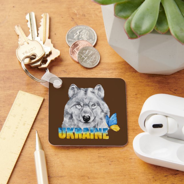 Porte-clés Belle aquarelle Ukraine Loup et Papillon (Bureau)