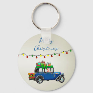 Porte-clés Belle, Christms Blue Car avec Père Noël et Cadeaux