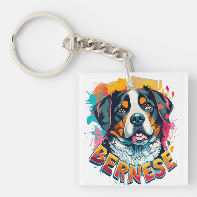 Porte-clés Bernese Mountain Dog Head Vibré couleur éclaboussu (Devant)