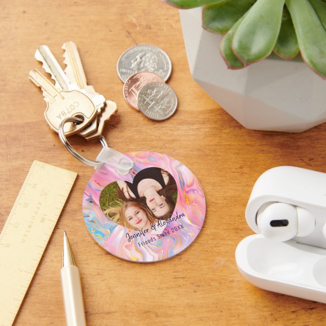 Porte-clés BFF Pink Purple Marble Heart Friends Photo & Names (Bureau)
