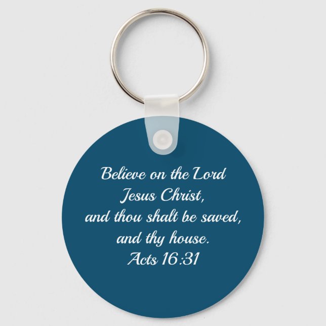 Porte-clés Bible chrétienne Verse Actes 16:31 Bleu (Recto)