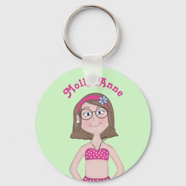 Porte-clés Bikini rose, peau claire, brunette, bleu, Bob, Ver (Recto)
