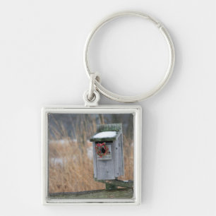Porte-clés Bird, nest box with holiday wreath en hiver