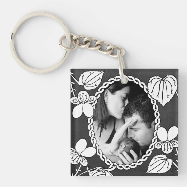 Porte-clés Black and White Flower Oval Custom Photo (Devant)