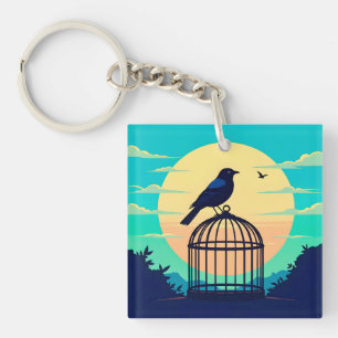 Porte-clés Black Bird in Empty Cage on Hill Silhouetted Again
