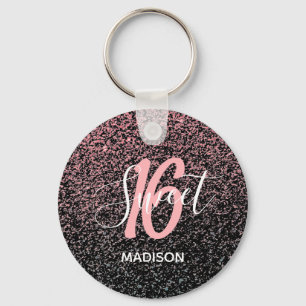 Porte-clés Black Blush Pink Glitter Sweet 16 Name Party Favor