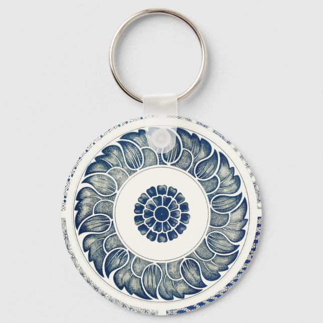 Porte-clés Blanc bleu Floral chinois rond (Recto)